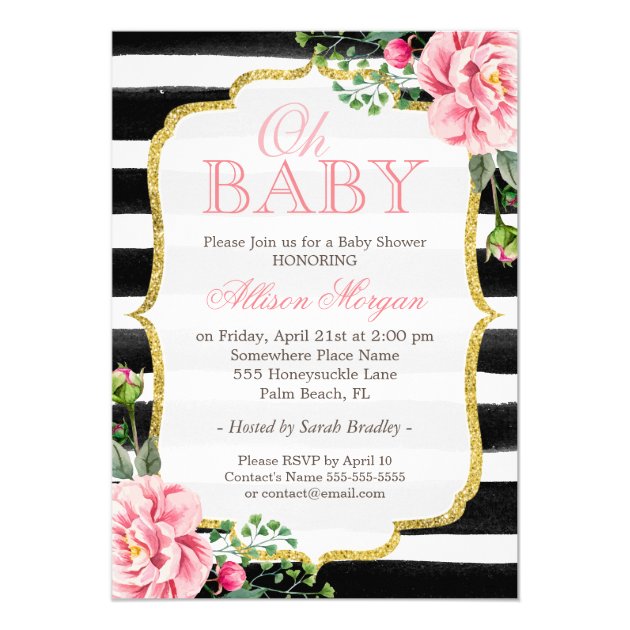 Oh Baby Shower Floral Gold Black White Stripes 5x7 Paper Invitation Card (front side)