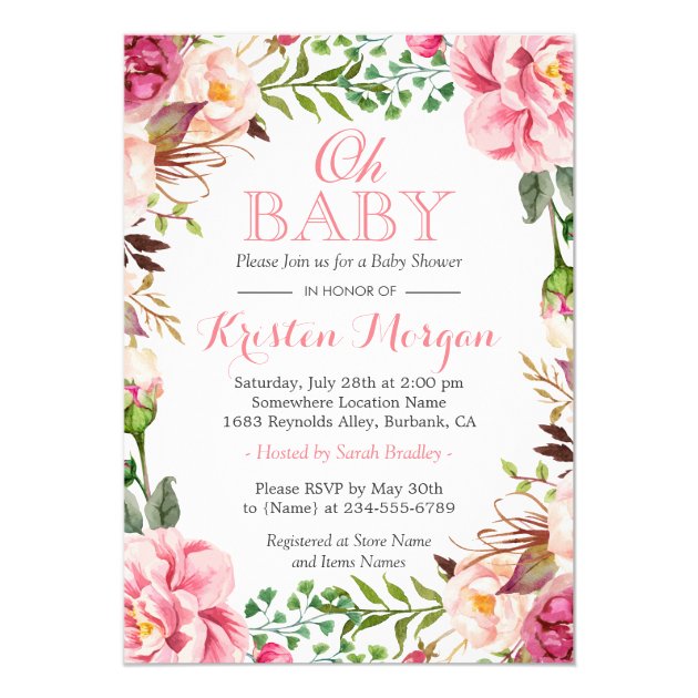 Oh Baby Shower Girly Elegant Chic Pink Flowers 5x7 Paper Invitation Card (front side)