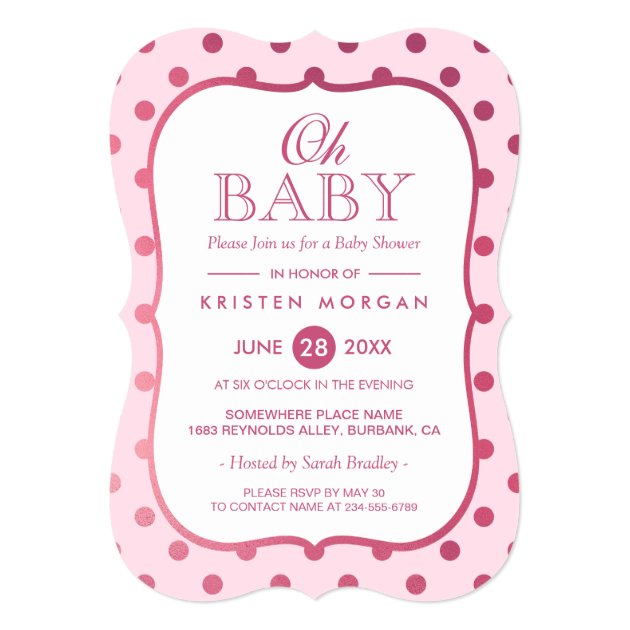 Oh Baby Shower Girly Trendy Pink Polka Dots 5x7 Paper Invitation Card