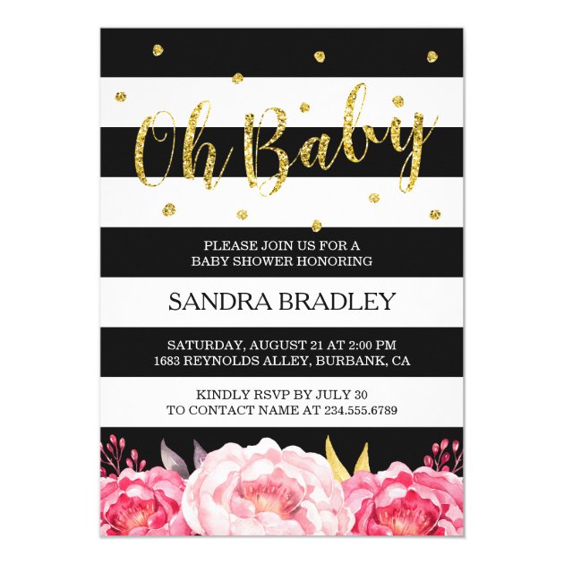 Oh Baby Shower Gold Glitter Dots Floral Stripes Card (front side)