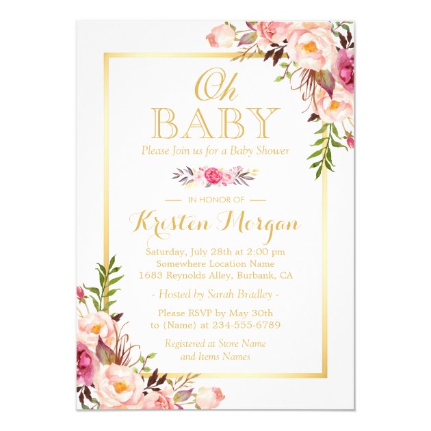 Oh Baby Shower Graceful Chic Floral Gold Frame Card