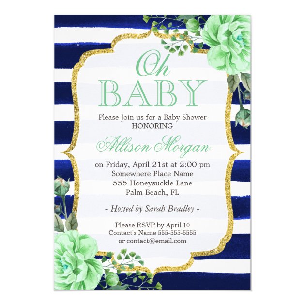 Oh Baby Shower Mint Floral Gold Navy Stripes Card
