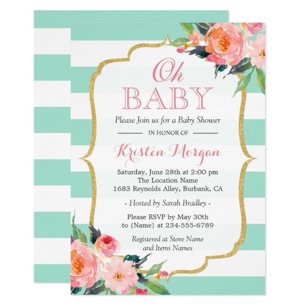 Oh Baby Shower Mint Green Stripes Pink Floral Card (front side)