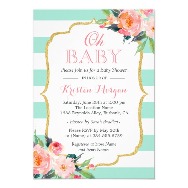 Oh Baby Shower Mint Green Stripes Pink Floral Card