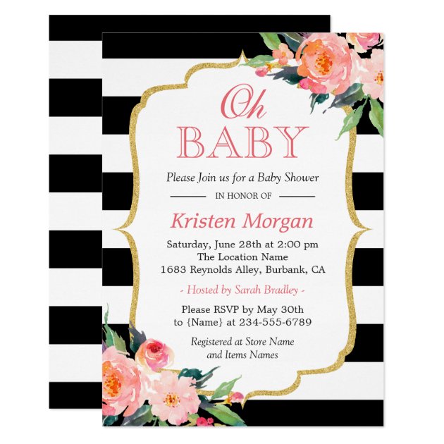 Oh Baby Shower Modern Floral Gold Frame Stripes Card