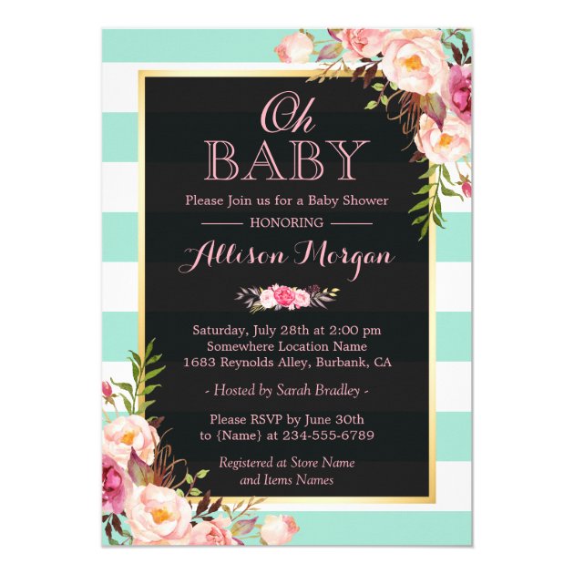 Oh Baby Shower Pink Floral Mint Green Stripes Card (front side)
