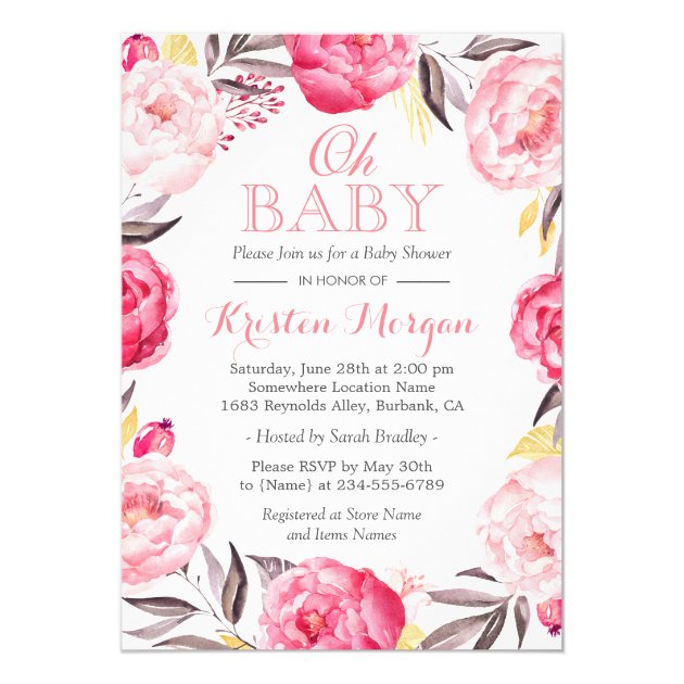Oh Baby Shower Romantic Botanical Floral Wreath Card (front side)