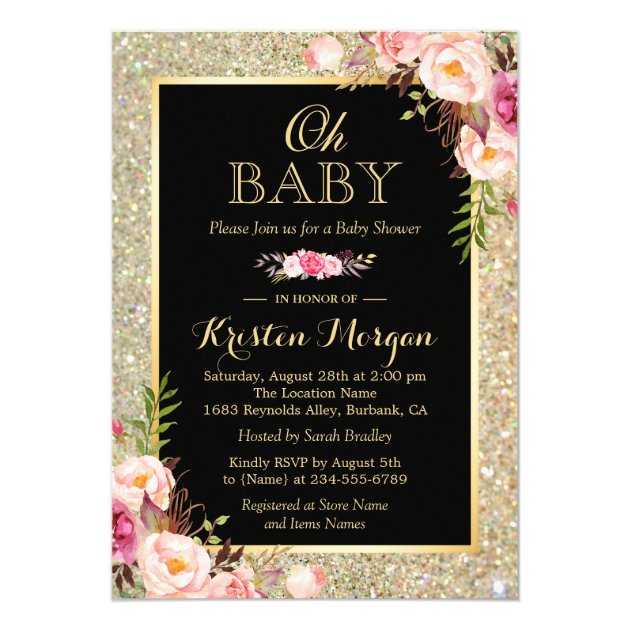 Oh Baby Shower Shiny Gold Glitter Sparkles Floral Card (front side)