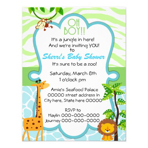 oh boy animal print baby shower invitation (front side)