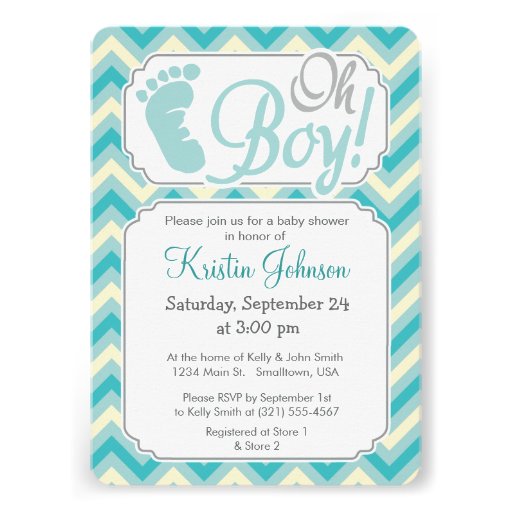 Oh Boy! Blue, Teal Chevron Baby Shower Invitation