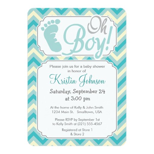 Oh Boy! Blue, Teal Chevron Baby Shower Invitation