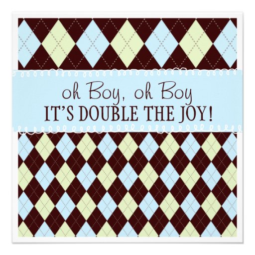 Oh Boy It's Twins Argyle Baby Boys Twin Shower Personalized Announcements (front side)