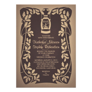 Oil Lantern and Oak Tree Leaves Wedding Invitation