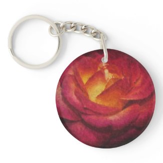 Oil Painting Flaming Red Rose Round Acrylic Keychain