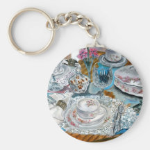 oil painting still life china tea set dinnerware keychain