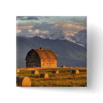 Old barn framed by hay bales and dramatic pinback buttons
