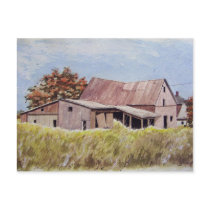 Old barn in the tall field- postcard