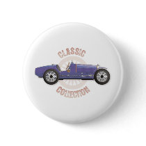 Old blue vintage racing car used on the track pinback button