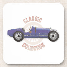 Old blue vintage racing car used on the track beverage coasters