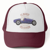 Old blue vintage racing car used on the track hats