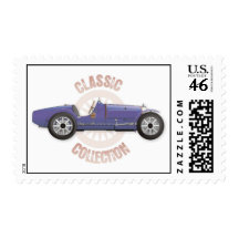 Old blue vintage racing car used on the track stamps