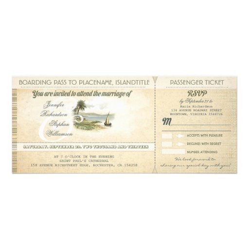 old boarding pass beach wedding invites with RSVP