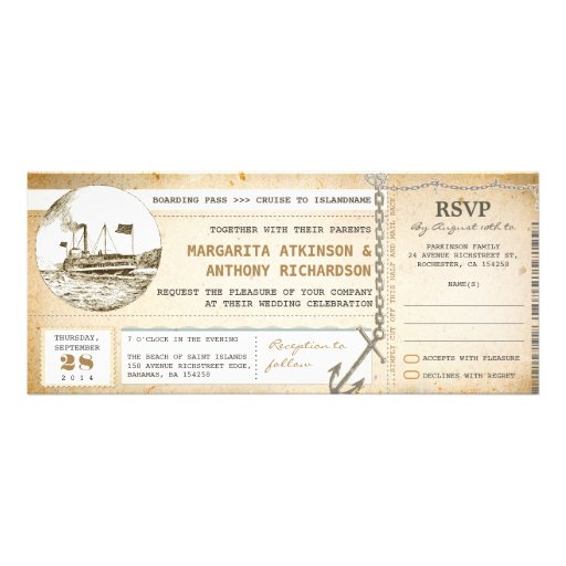 old boarding pass cruise wedding invites with RSVP