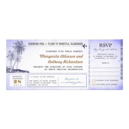 old boarding pass flight wedding invites with RSVP