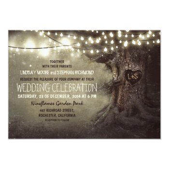 Old Carved Tree Twinkle Lights Rustic Wedding 5x7 Paper Invitation Card by jinaiji at Zazzle