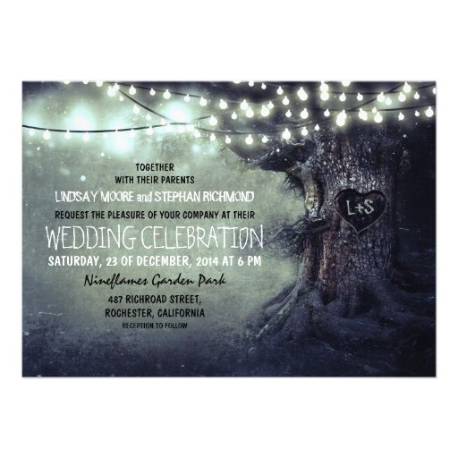 old carved tree twinkle lights rustic wedding custom invitations