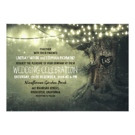old carved tree twinkle lights rustic wedding cards