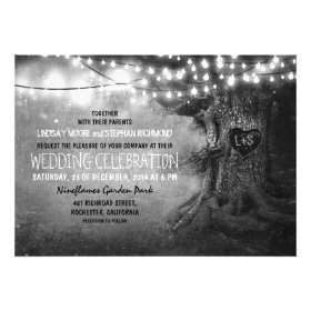 old carved tree twinkle lights rustic wedding personalized invitations