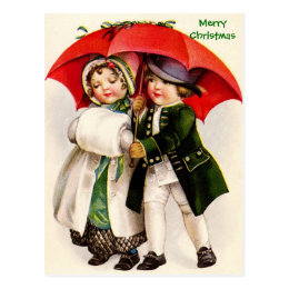 Old Christmas Image Victorian Children & Umbrella Postcard