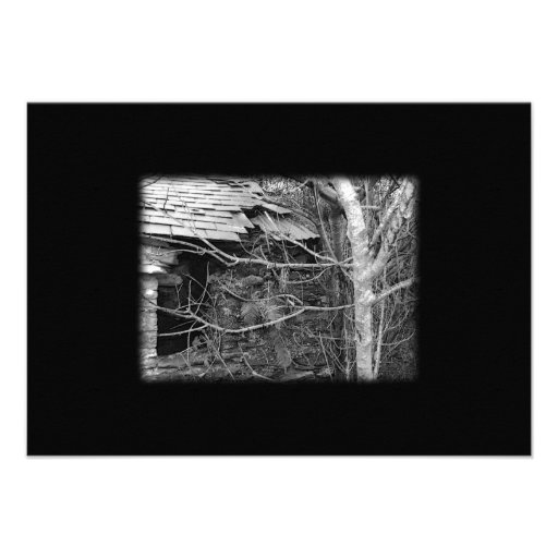 Old cottage and Tree. Black and white. Personalized Invite