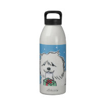 Old English Sheepdog with a Christmas gift water bottles