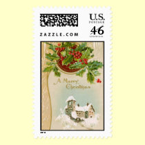 Old fashioned Christmas scene with holly berries stamps
