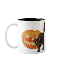 Old Fashioned Halloween Black Cat & Jack-O-Lantern Coffee Mugs
