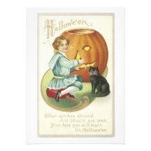 Old Fashioned Halloween Boy Carving Pumpkin Personalized Invites