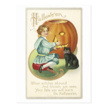 Old Fashioned Halloween Boy Carving Pumpkin Post Cards
