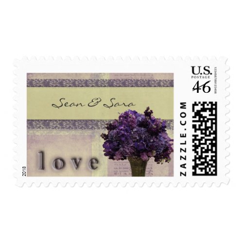 Old fashioned lilac and pink flowers stamp