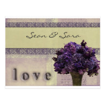Old fashioned lilac and pink flowers postcard