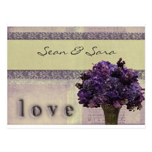 Old fashioned lilac and pink flowers postcard