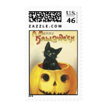 Old Fashioned Merry Halloween Cat Postage Stamp