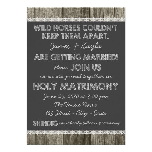 Old Fashioned Rustic Country Chalkboard Wedding Custom Invitation