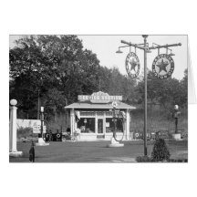 Old gas station, 1925 greeting cards