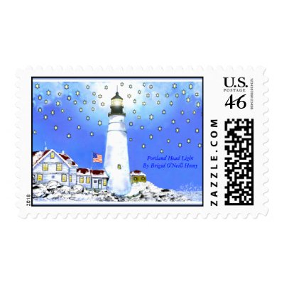 Old Glory Flying Bright at Portland Head Light Postage Stamps by Bonhovey