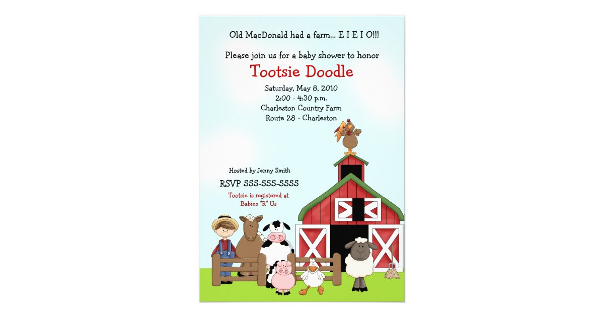 Old Macdonald Eieio Farm Barnyard Baby Shower Invite
