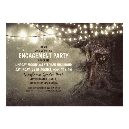 old oak tree twinkle lights engagement party personalized announcements (front side)
