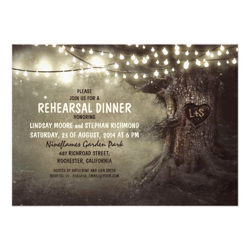old oak tree twinkle lights rehearsal dinner personalized invite (front side)