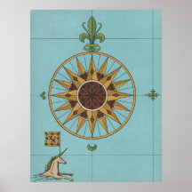 Old Renaissance windrose unicorn flag map print